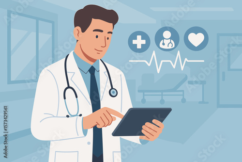 Doctor using digital tablet. E-health, telemedicine. Medical technology. Healthcare professional, stethoscope. Hospital. Patient data, medical records. Flat vector illustration.