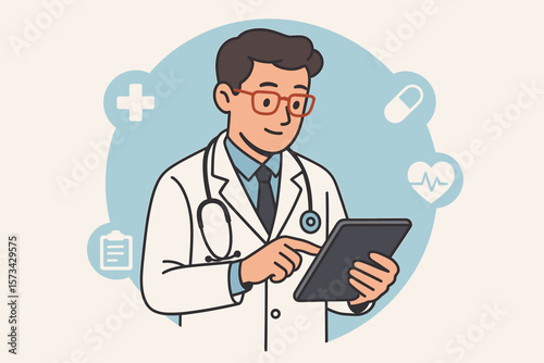 Doctor using tablet for online consultation. Telemedicine, telehealth concept. Physician with stethoscope checking patient electronic health records. Medical technology vector.