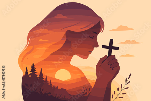 Double exposure woman silhouette praying with christian cross. Faith and hope concept. Spirituality and religion in nature sunset landscape. Modern flat vector illustration.