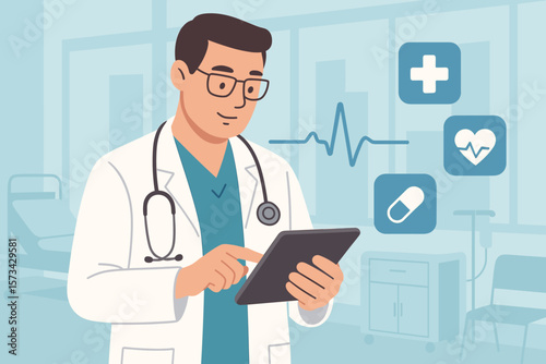 Doctor with tablet, concept of e-health and telemedicine. Digital healthcare technology, online consultation, electronic patient record, virtual visit, medical app innovation.