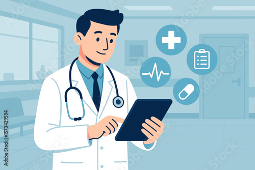 Doctor using digital tablet for online consultation, telemedicine, and managing electronic health records. Healthcare technology concept with medical icons, heartbeat rate.