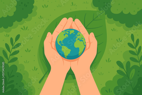 Earth day saving energy concept. Hand holding earth against nature on green leaf background. Save the world and ecology. Environmental conservation and sustainability vector.
