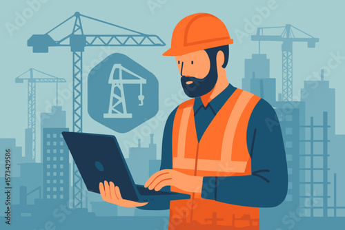 Construction worker engineer with a laptop at a building site. Double exposure effect with cranes. Modern technology in the industry, project management concept. Vector illustration.