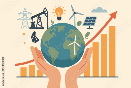 Energy crisis concept. Hands hold earth. Renewable green energy, solar panel, wind turbine vs fossil fuel oil. Rising graph chart of electricity price. Sustainable development.
