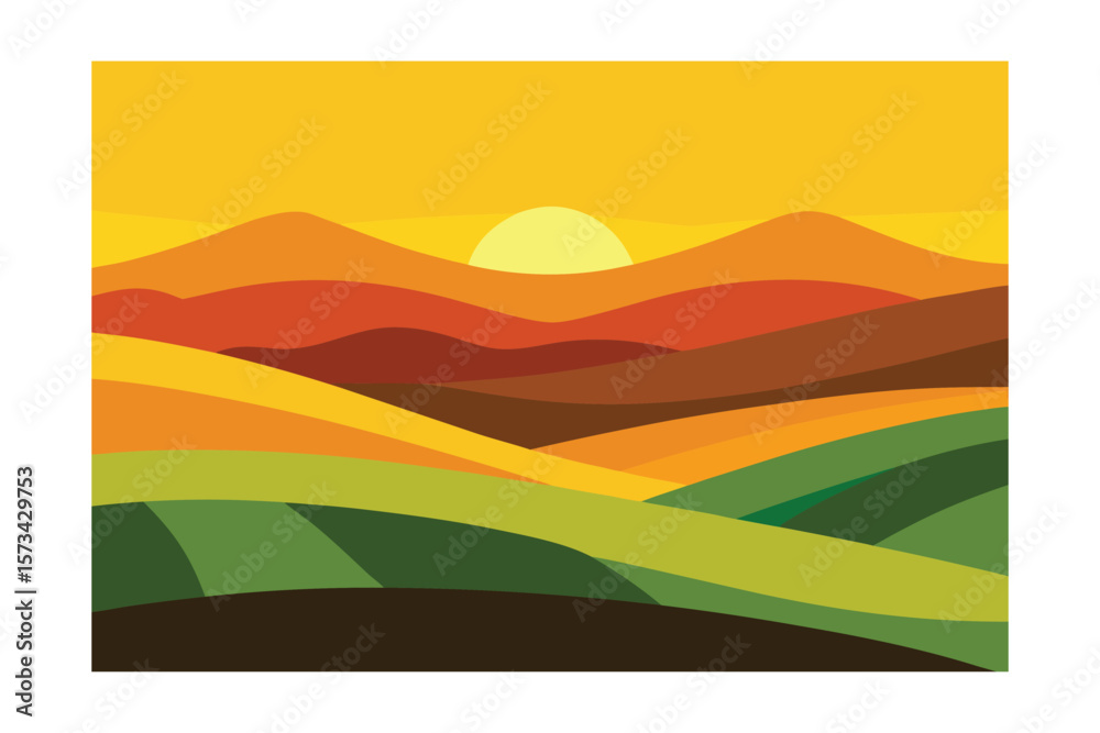 Fototapeta premium Scenic View Of Layered Hills And Fields At Golden Hour