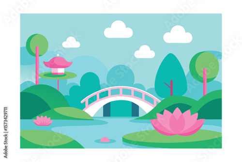 Serene Asian Garden Scene Featuring Pink Lotus Flowers