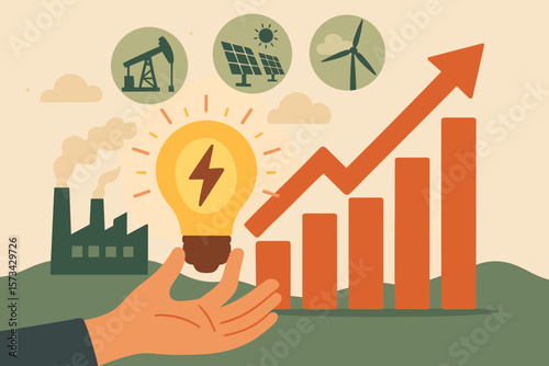 Energy crisis concept. Rising price graph and arrow. Electricity cost increase. Fossil fuel vs renewable solar and wind power. Sustainable economy. Hand holding light bulb idea.