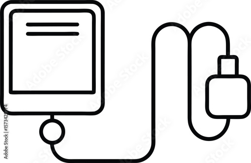Black Line Art Icon of a Rectangular Digital Blood Glucose Meter with U S B Cable Connection Showing a Simple Device with Three Horizontal