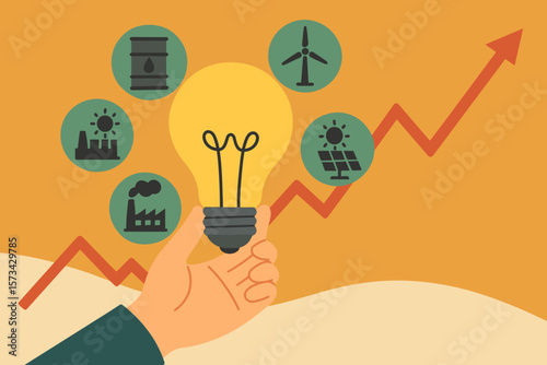 Energy crisis concept with hand holding lightbulb. Rising electricity prices graph. Icons of renewable and fossil fuel sources. Alternative energy solution for economy and industry.