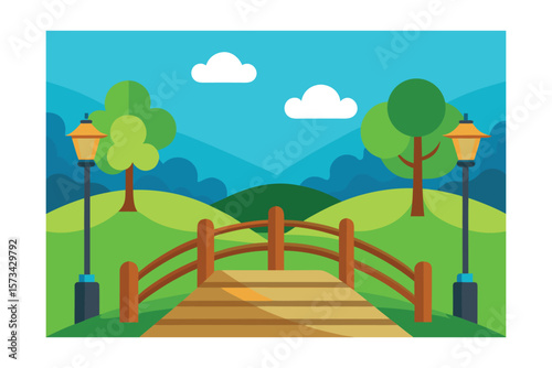 Scenic View Of A Wooden Bridge Spanning A Tranquil Stream