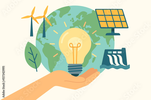 Hand holding light bulb with renewable energy sources icons. Earth globe background. Sustainable development, ecology, conservation, green power concept. Modern flat vector.
