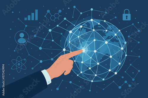 Global business network connection. Hand touching digital screen. Big data, AI, IoT, futuristic technology. Cybersecurity and data protection. Worldwide communication concept.