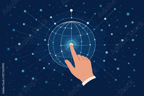 Businessman hand touching global network connection. Data exchange on cyberspace. Big data, blockchain, social network. Science, innovation, communication technology metaphor.