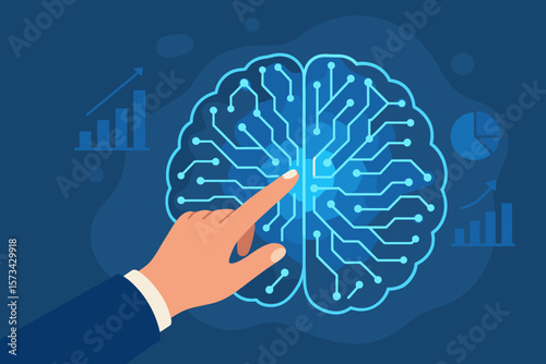 Hand touching AI brain symbol. Machine learning, artificial intelligence of futuristic technology. AI network brain on business analysis, innovative mind, global data.