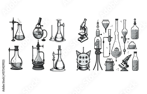 Detailed graphic showcasing an array of laboratory equipment, from flasks and retorts to microscopes, perfect for science, chemistry, or educational themed projects and materials.