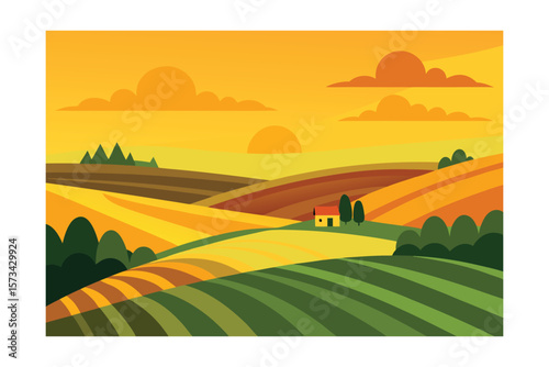 Rolling Farmland Bathed In The Golden Light Of A Sunset