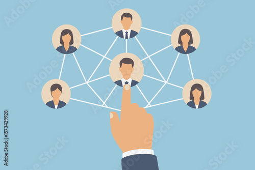 Hand touching a network of connected people icons. Business project management concept. Teamwork, leadership, HR, communication, and corporate organization structure. Vector.