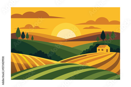 Rolling Farmland Bathed In The Golden Light Of A Sunset