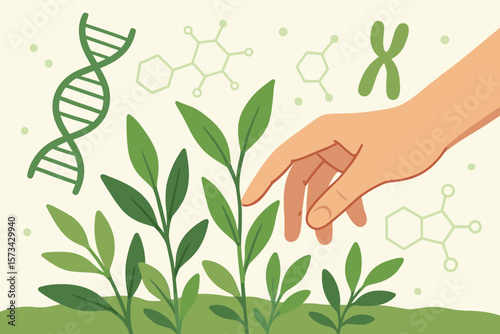 Biotechnology, plant science, and genetic engineering concept. Hand touching a green sprout. DNA, chromosome, and molecular biology for modern agriculture, botany, and agritech.