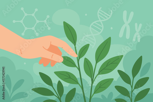 Hand touching plants with biochemistry structure, DNA and chromosome background. Science of plant research and genetic concept in nursery. Modern flat vector for biotechnology.