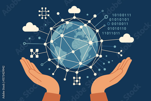 Hands holding global network connection. Vector concept for blockchain, data exchange, big data, cloud computing, futuristic internet, social network, and communication tech.
