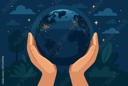 Hands holding Earth globe at night showing world energy consumption. Concept of environment conservation, sustainability, ecology, planet protection, save energy. Earth Day.