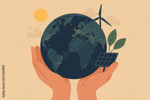 Concept renewable energy. Hands holding Earth. Wind turbine, solar panel. Sustainability, ecology, environment conservation. Save the planet. Earth day. Green power future.