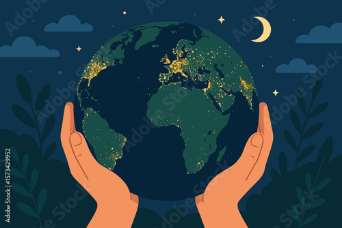 Hands holding Earth globe at night showing city lights. Concept for energy consumption, conservation, sustainability, ecology, and Earth Day. Save the planet vector illustration.