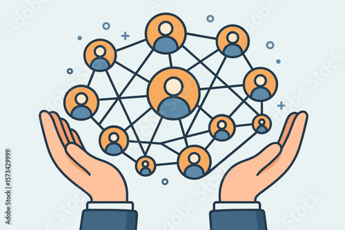 Hands holding customer network icon. Omni-channel communication. Business collaboration. Teamwork community. Social media connection. Digital relationship support concept vector.