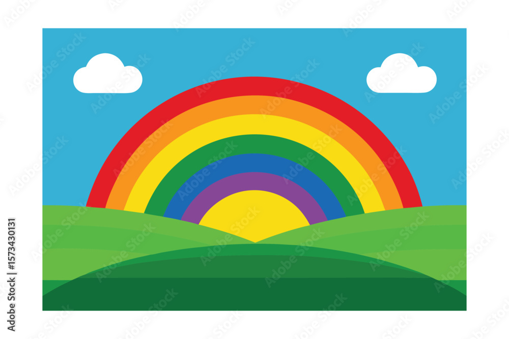 Fototapeta premium Rainbow Forming Above Green Pastures During Sunset