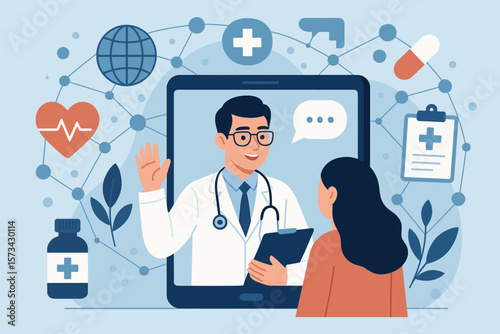 Healthcare and medical concept. Online doctor consultation and virtual hospital. Telemedicine, global network, and e-health. Communication with patient on a virtual platform.