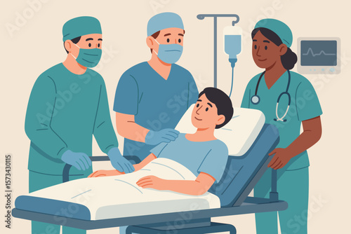 Healthcare medical team of surgeon, anesthetist, and nurse with patient in hospital bed. Professional teamwork, emergency care, and trust in medicine. Vector illustration.