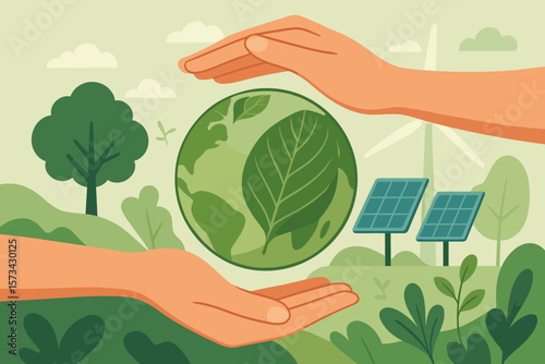 Hands protecting green earth globe with leaf. Sustainable development concept. Renewable energy with wind turbine and solar panels. Eco friendly, ESG and CSR business vector.