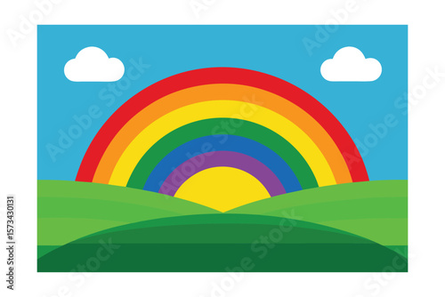 Rainbow Forming Above Green Pastures During Sunset