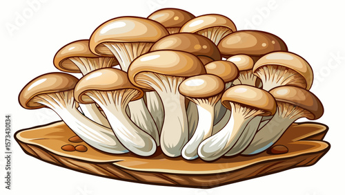 A cluster of soft organic mushrooms, with cream-colored caps and gilled undersides, sits peacefully on a cutting board, emphasizing nature’s simplicity and rich vegetarian lifestyle themes.