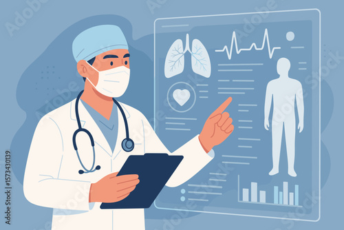 Healthcare and medical concept. Doctor or surgeon analyzing patient data on a futuristic virtual interface. Medical research, EKG, lungs, diagnostics, telehealth innovation concept.