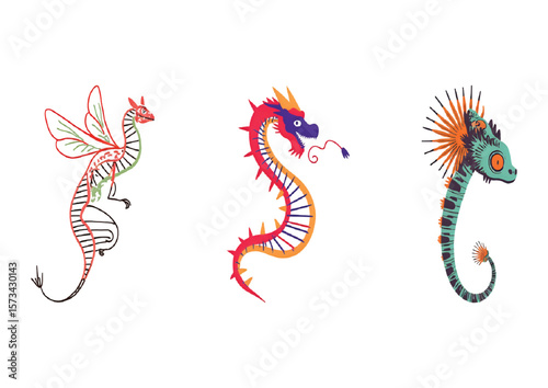 Three stylized dragons present a playful mythical design, perfect for fantasy themes, mascot creation, and imaginative branding projects invoking fire, water, and air elements.