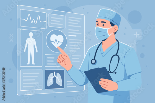 Male surgeon checking patient medical results on a virtual futuristic interface. Healthcare technology, innovation, medical research, report, science, and diagnosis concept.