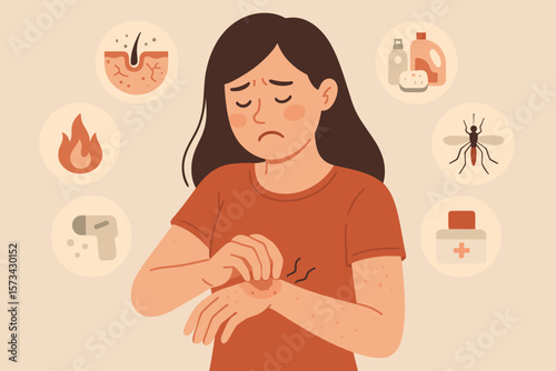Causes of skin allergy and itch. Unhappy woman scratching arm rash. Concept for dermatitis, eczema, psoriasis, hives, insect bite, chemical irritation, food allergy, dermatology.