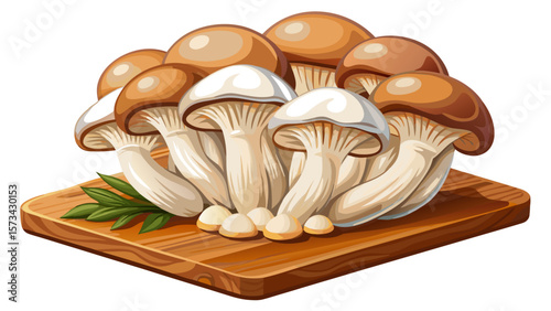 A cluster of soft organic mushrooms, with cream-colored caps and gilled undersides, sits peacefully on a cutting board, emphasizing nature’s simplicity and rich vegetarian lifestyle themes.