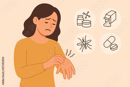 Woman scratching itchy hand rash. Allergy, dermatitis, eczema concept. Skin problem from insect bite, chemicals, medicine, or detergent. Healthcare vector illustration.