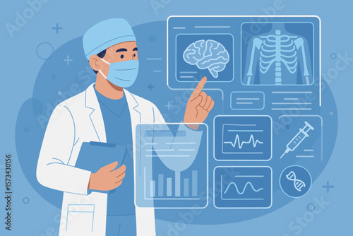 Doctor analyzing patient data on a futuristic virtual screen. Medical technology concept with brain scan, x-ray, and DNA. Healthcare innovation, diagnosis, and research.