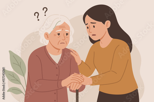 Daughter taking care of elderly mother with Alzheimer's disease. Concept for dementia, memory loss, senior healthcare, support, and family love. Helping hands vector.