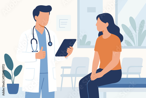 Healthcare and medical concept. Doctor with tablet and stethoscope consulting a patient. Woman at a clinic for an examination. Hospital background. Modern flat vector design.