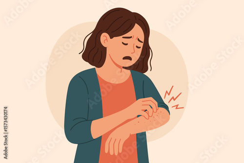 Woman scratching an itchy arm. Skin rash, allergy, or eczema concept. Allergic reaction, dermatitis, psoriasis. Healthcare and medical vector of skin irritation and disease.