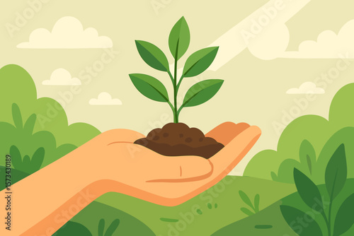 Human hand holding young plant with soil on nature background. Environment concept illustration. Growth, care, ecology, sustainability. Earth Day. New life, hope, future.