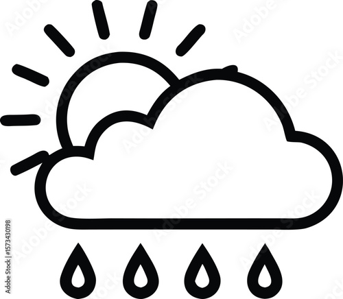 Black line art minimalist weather icon depicting a sun partially hidden behind a cloud with raindrops falling beneath it simple bold graphic