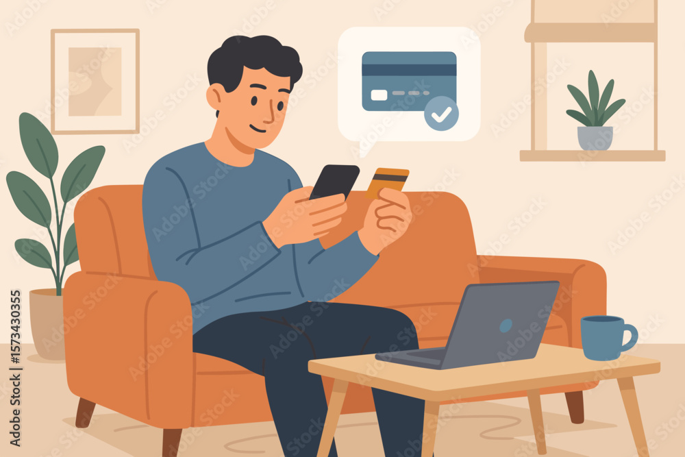 Man online shopping on smartphone with credit card. Mobile banking payment concept. E-commerce technology. Secure transaction from home. Financial technology fintech. Flat vector.