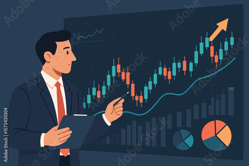 Businessman Analyzing Stock Market Trends, Financial Data Visualization, Investment Growth Chart, Candlestick Graph, Online Trading, Stock Exchange, Market Analysis Concept