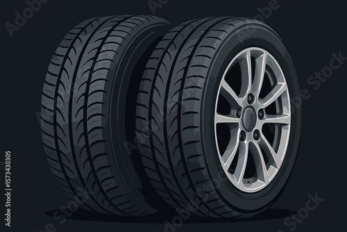 Two realistic car wheels with new summer tires and shiny alloy rims. Automobile service and repair concept. Vehicle transport detail. Black rubber tire tread. Vector illustration.
